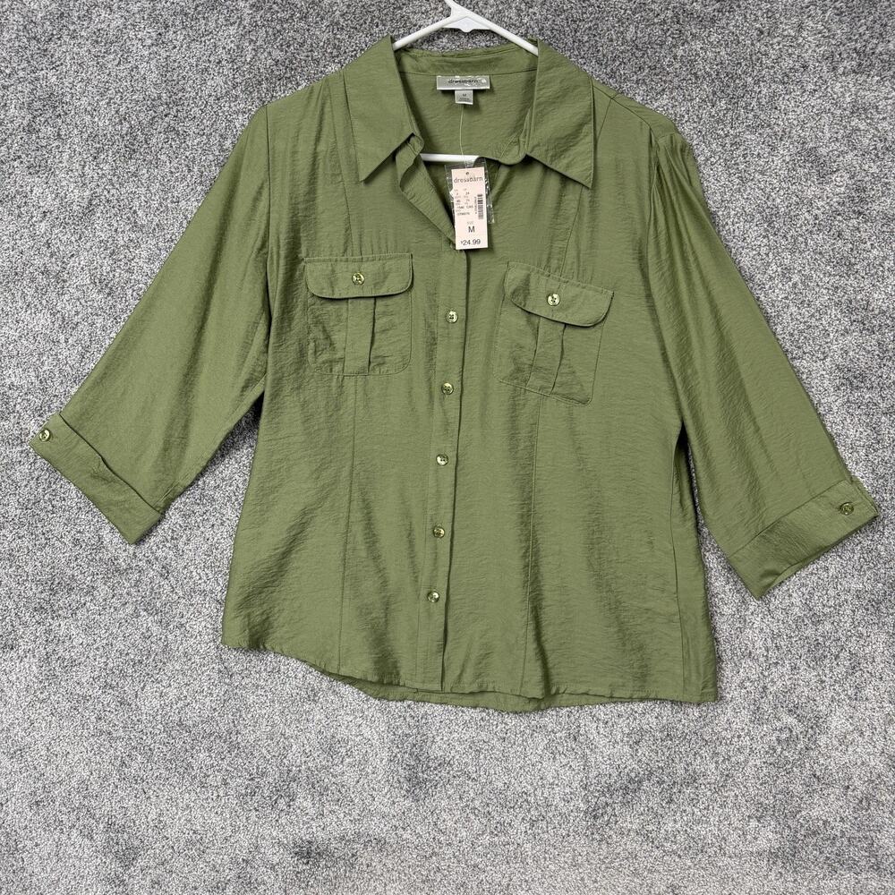 Dressbarn Button Up Shirt Womens M Green 3/4 Sleeve Coastal Utility Earthy NWT